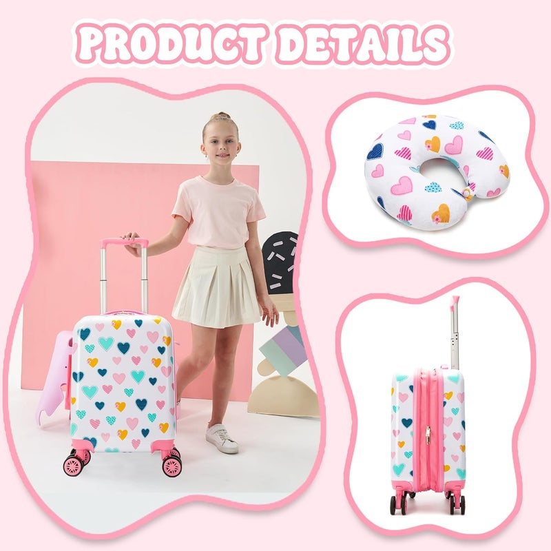 Esteemly Kid's Luggage Set 5 Piece Suitcase Set 16" Hardside Luggage with Spinner Wheels Girls Carry on Toddler Travel Rolling Suitcase with Neck Pillow Airline Approved - Image 4